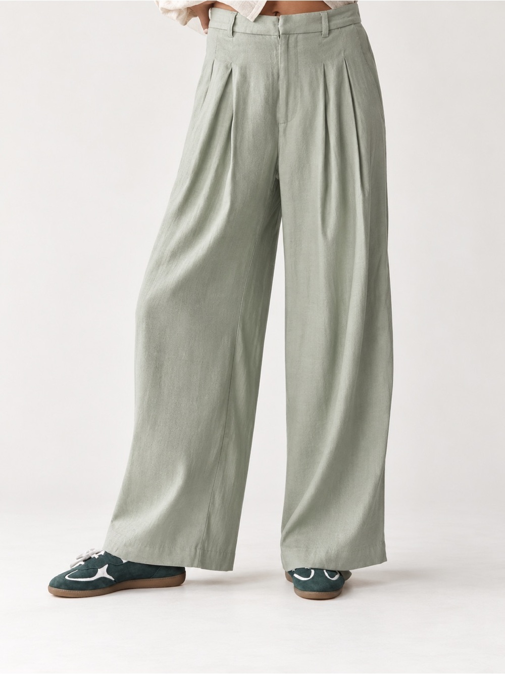 Maeve Avery Linen Pleated Wide Leg Pants Sage Green XXS